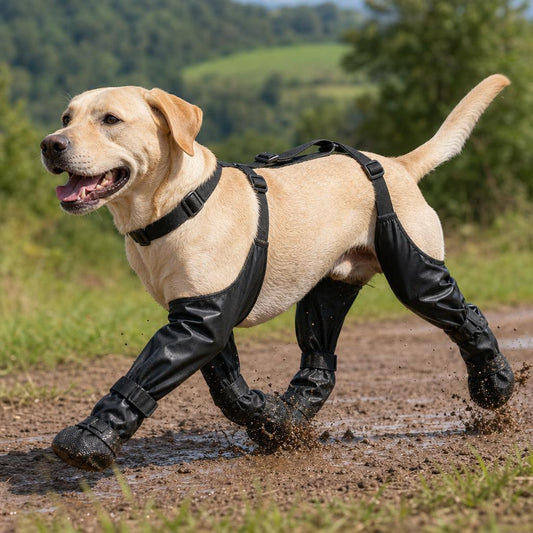 Perro corriendo por un camino embarrado con el traje ZeroBarro puesto